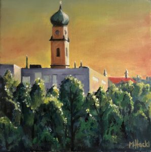 Neuhausen sunset from balcony acrylic on canvas 30 x 30cm